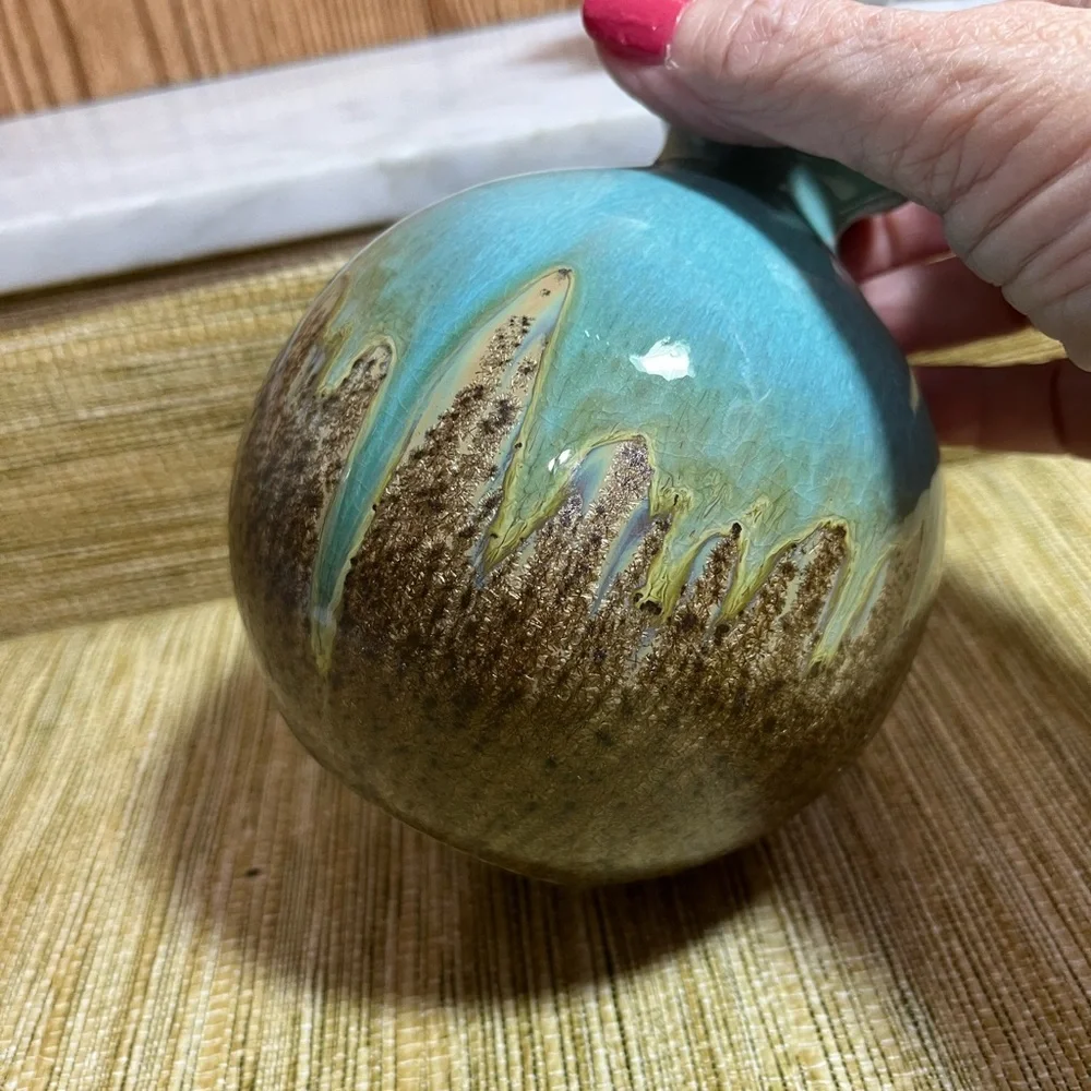 Art Pottery Elegant Turquoise and Brown Drip Crystalline Glaze Vase 5.5”